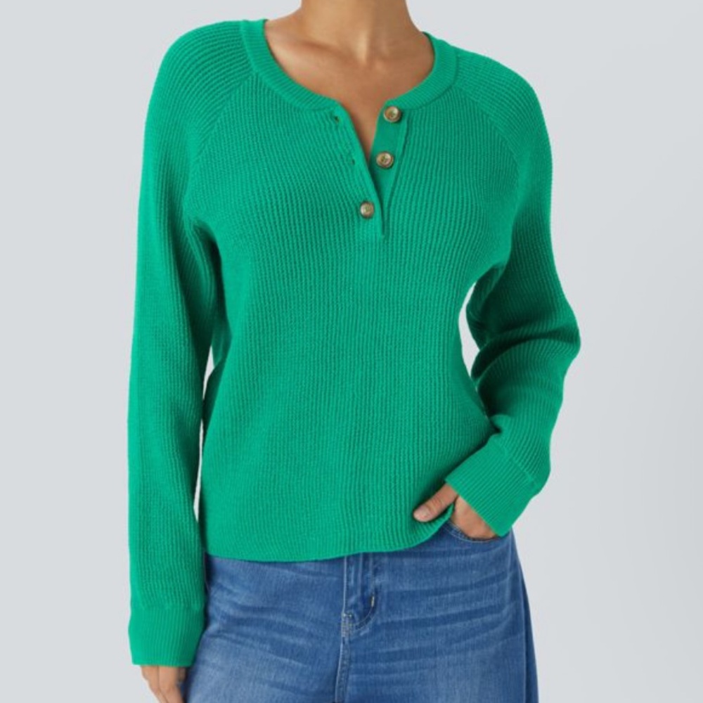 NWT HALARA Round Neck Button Front Long Sleeve Casual Sweater